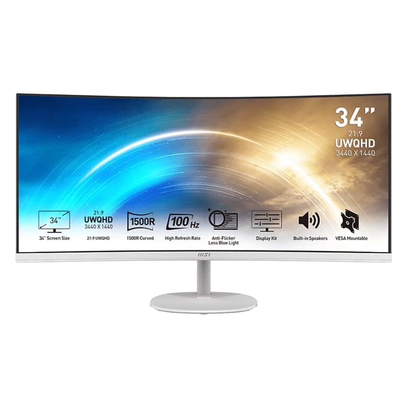PROMP341CQ_wr_01 MSI PRO MP341CQ Professional Monitor 3440x1440 (UWQHD) VA 1ms 100Hz HDMI White Monitors